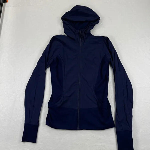 Lululemon Reversible Navy Blue Hooded‎ Zip Up Athletic Jacket Thumbholes Size 10 - Image 8