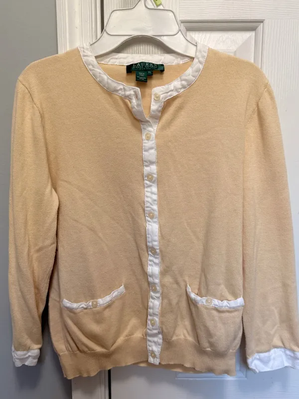 Lauren‎ Ralph Lauren Beige Cotton Cardigan Button Front Lightweight Sweater M - Image 3