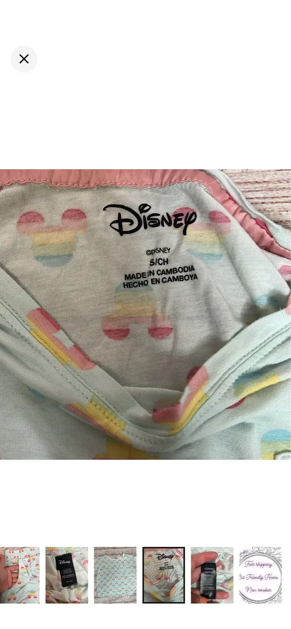 Disney 2 Piece Rainbow Mickey Print Summer Pajama Set in Aqua Mint. EUC. Stretchy and super soft. Short sleeve top with shorts. Oversized fit on top. Top: 21” bust 21.5” long. Pants: 13-17” waist 10.5” rise 4.5” inseam LGBTQIAS+ - Image 7