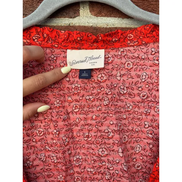 Universal Thread Red Floral Wrap Blouse Womens Large Long Sleeve Tie Waist - Image 3