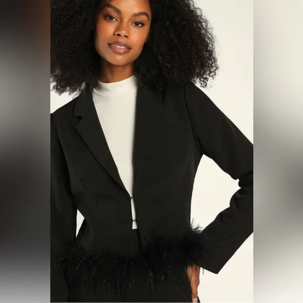 NWT Lulus Celebratory Sweetie Feather Crop Blazer Large Black Cocktail Party - Image 6