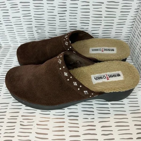 Minnetonka Womens Brown Suede Studded‎ Faux Fur Lined Clog Mules Size 9 Boho - Image 2