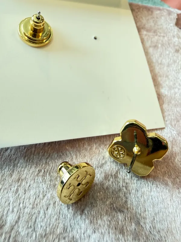 Tory Burch | Gold Plated & Pearl Clover & Logo Stud Earrings - Image 3