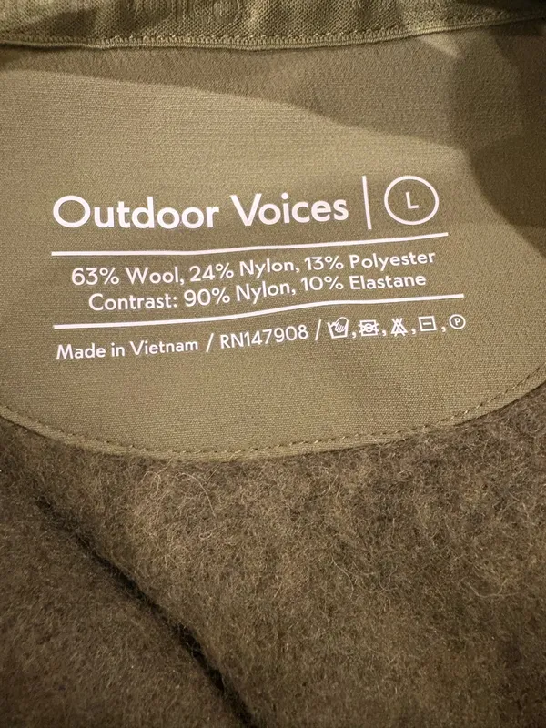 Outdoor Voices MegaFleece wool blend Snap Jacket olive green sz L gorpcore - Image 4
