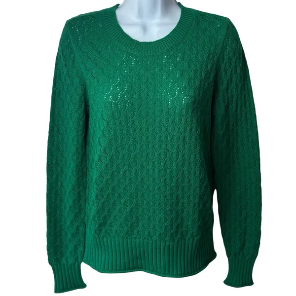 NEW LOFT‎ Green Eyelet Knit Crewneck Sweater Long Sleeve Spring Cozy Preppy S - Image 2