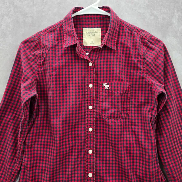 Abercrombie & Fitch Red Blue Plaid Tartan Button Down Long Sleeve Shirt‎ Top XS - Image 3