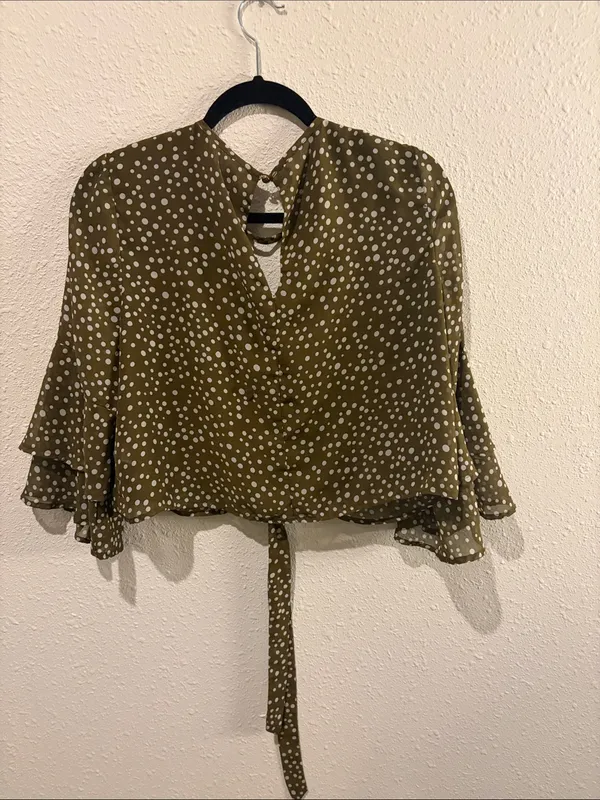 Xhilaration Olive Green White Polka Dot Tie-Front Blouse - Image 3
