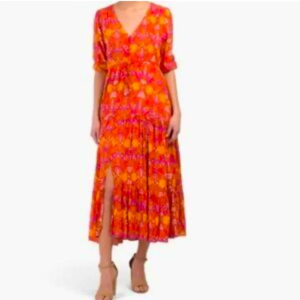 Floral Prairie Maxi Dress Small Boho Festival Cottagecore Orange Pink Romance - Image 13