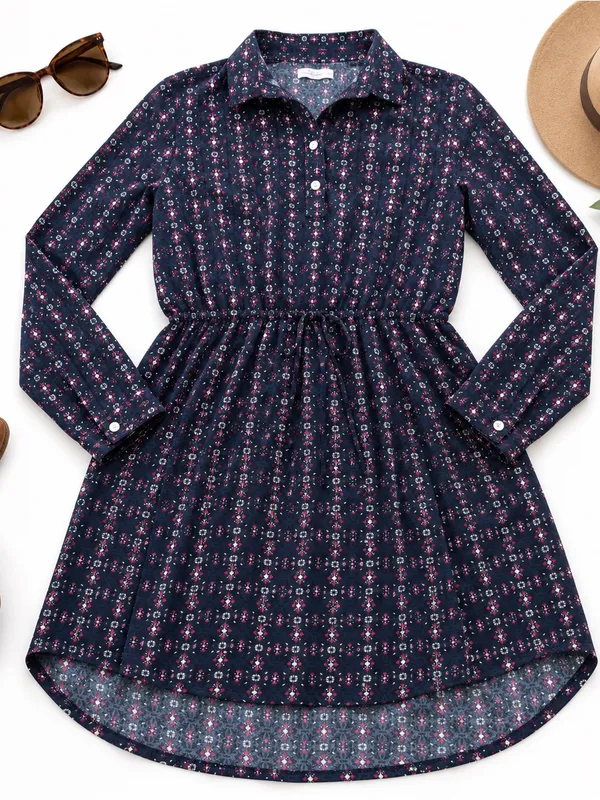 Abercrombie & Fitch Navy Floral Boho Shirt Dress Drawstring Waist Women’s Small - Image 5