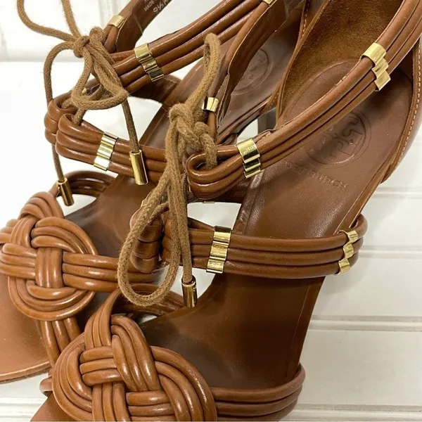 Tory Burch Tan Brown Leather Knotted Strappy Lace Up Stiletto Heels Sandals 9.5M - Image 9