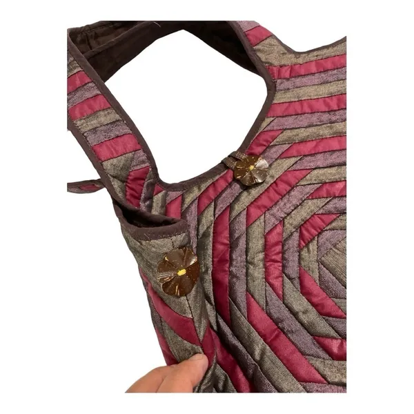Boho Quilted Silk Shoulder Bag | Red Brown Patchwork Hobo | Coconut Button - Image 8