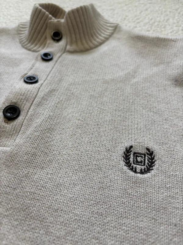 Chaps Ivory Mock Neck Henley Sweater Grandad Acadia Knit Suede Elbow Patch L - Image 3