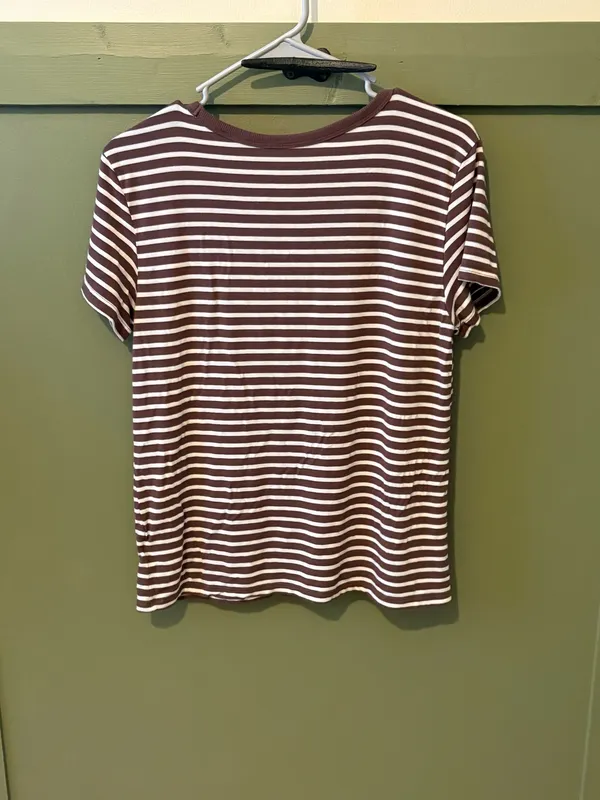 American Eagle Brown & White Striped V-Neck Tee - Image 3