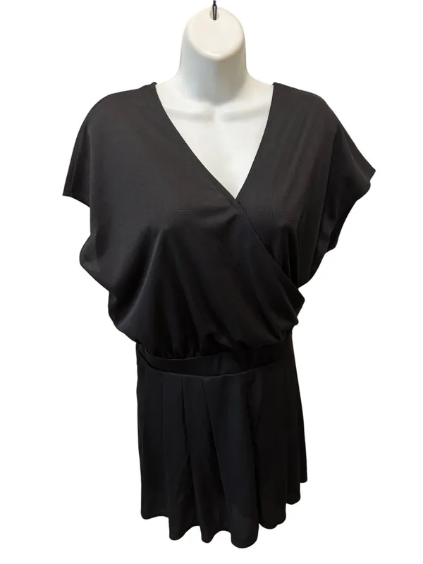 Halara V~Neck SS Pocket Waffle Weave Romper Easy Peezy SZ XL Black Pleated Short - Image 4