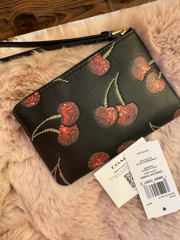 NWT Coach CDF05 Corner Zip Wristlet With Cherry Print Smooth Leather Black Multi - Image 2