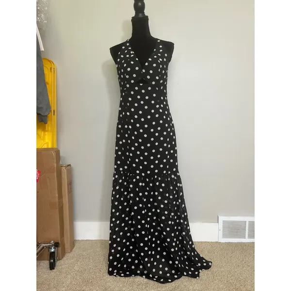 Polka Dot Maxi Dress Black White V-Neck Cutout Tiered Ruffle Retro Sexy SZ M / 6 - Image 2