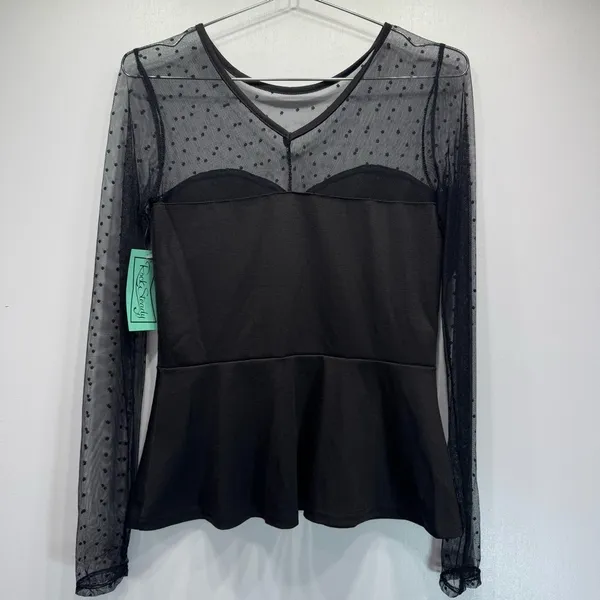 Black Sheer Polka Dot Lace Peplum Top Sweetheart Bodice Rock Steady Whimsigoth - Image 4