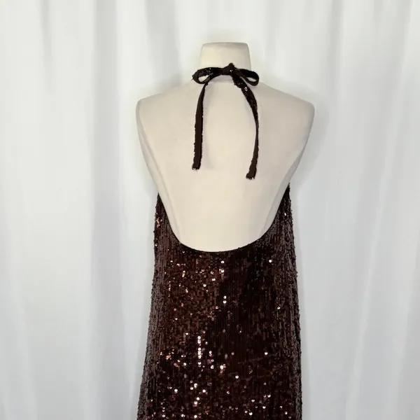 ZARA Chocolate Brown Sequin Halter Maxi Dress‎ Festive Party Sequinned Small - Image 11
