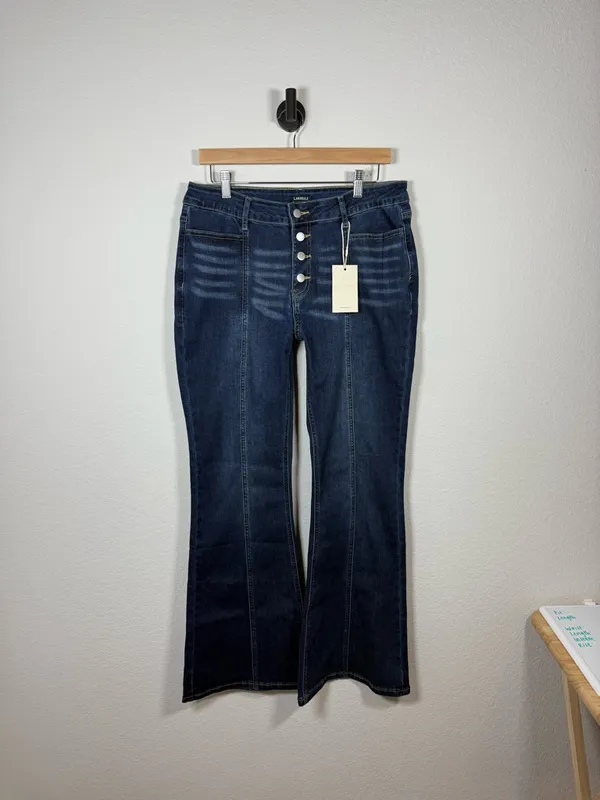 Flamingals Button Fly Flare Jeans Womens XL Dark Wash High Rise NWT - Image 3