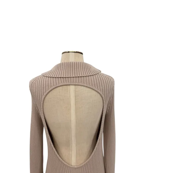 LPA Naolin Taupe Rib Knit Open Back Collared Bodycon Mini Dress‎ Size Medium - Image 10