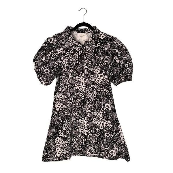 Hyacinth House Dress Chrysanthemum Front Zip Mini Puff Sleeve Black White Floral - Image 6