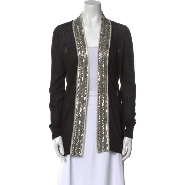 Tory Burch Cardigan Women‎ S Black Sequin Trim Linen Cotton Open Front 20103133 - Image 2