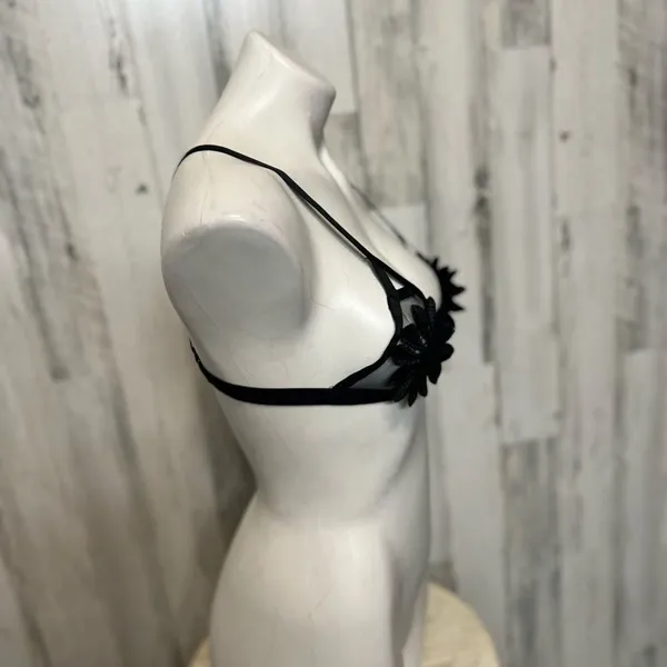 BWB Black Strappy Bralette Medium Floral Applique Sheer Mesh Harness Top Festiva - Image 3
