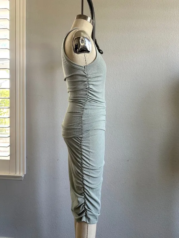 Sleeveless Ribbed Ruched Midi Dress Sage Green Bodycon Size XXS - Image 4