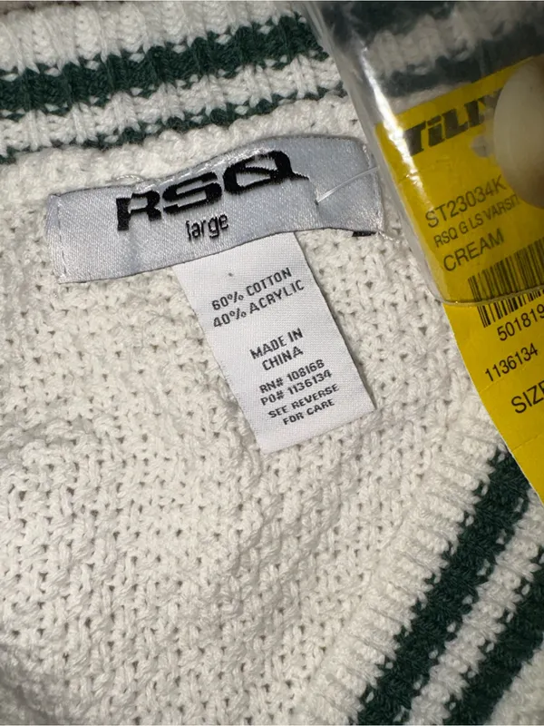 RSQ Cream Cable-Knit Cardigan with Green Stripe Trim - Image 2