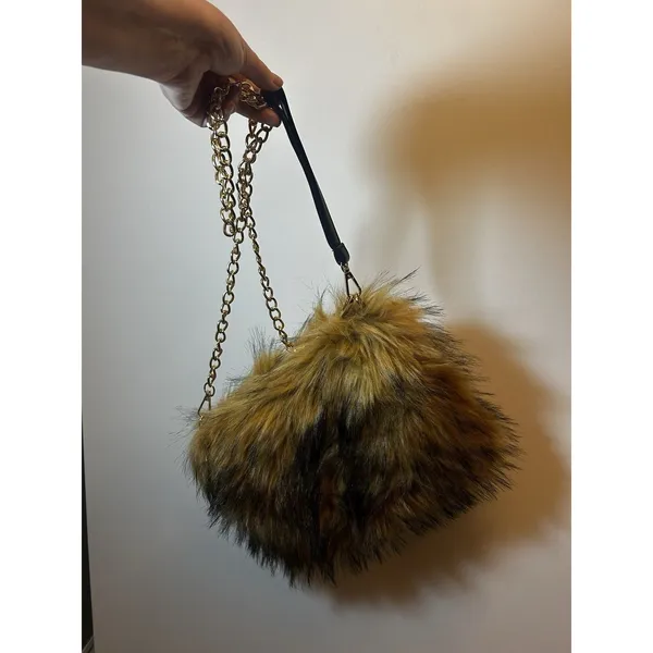 Faux Fur Shoulder Crossbody Bag Brown Gold Chain Cozy Winter Plush Handbag Purse - Image 15