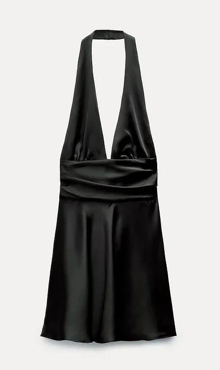 Zara little black dress mini halter flowy tied bow open back evening party cocktail - Image 18