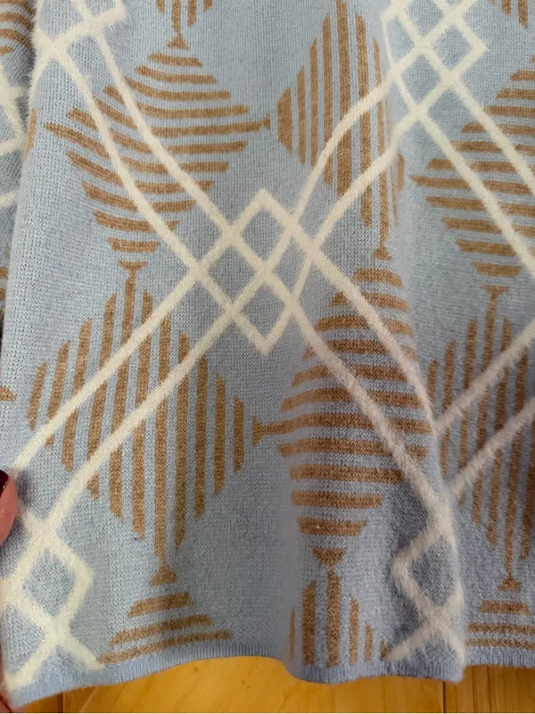 Rachel Zoe Blue & Tan Diamond Pattern Mock Neck Sweater Large - Image 6