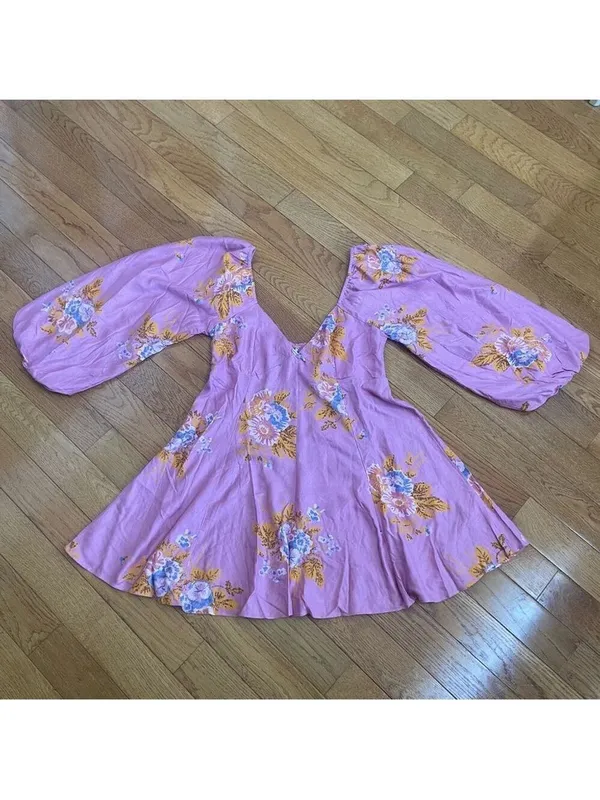 FREE PEOPLE Francesca Mini Babydoll Coqette Dress Floral Pink Puff Long sleeve L - Image 6