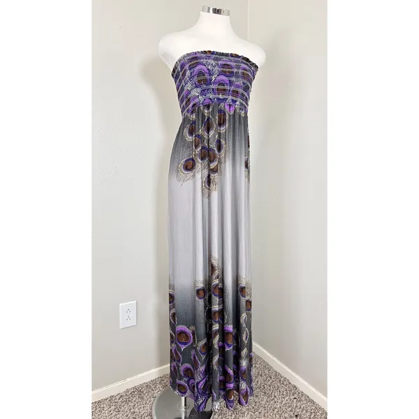FOREVER 21 Y2K Strapless Maxi Dress S/P‎ Peacock Feather Print Smocked Bodice - Image 7