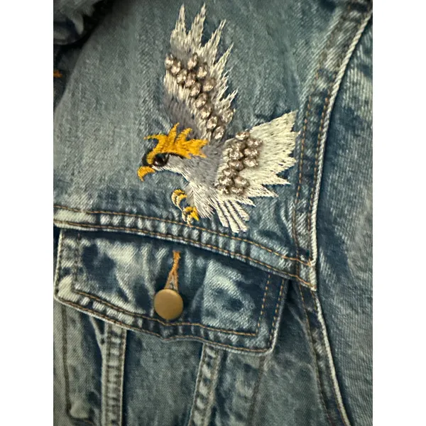 PAM & GELA Statement Denim Embroidered Jacket with Rhinestone Eagles‎ Size Small - Image 7