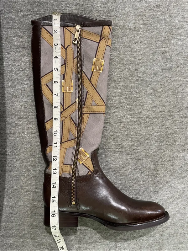Tory Burch FELIX Riding Boots Brown Leather Equestrian Print Fabric Zip Size 5 - Image 10