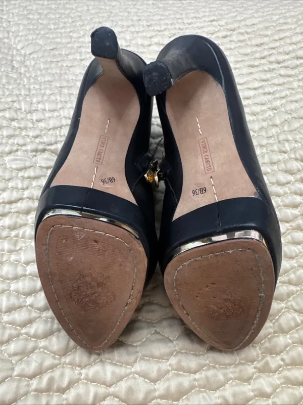 Vince Camuto 6B/36 Dira Black Leather Platform Stiletto Ankle Booties Gold Trim - Image 12