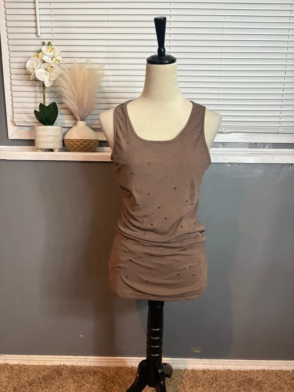 Brown Rhinestone Ruched Mesh Back Tank Top Size Large – Y2K Going Out - Image 2
