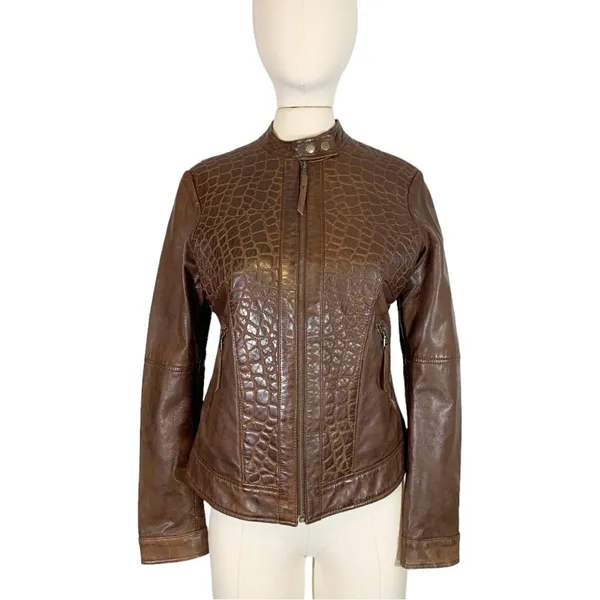 Burns 1876 Leather Embossed Zip Up Jacket Brown Size Small - Image 2