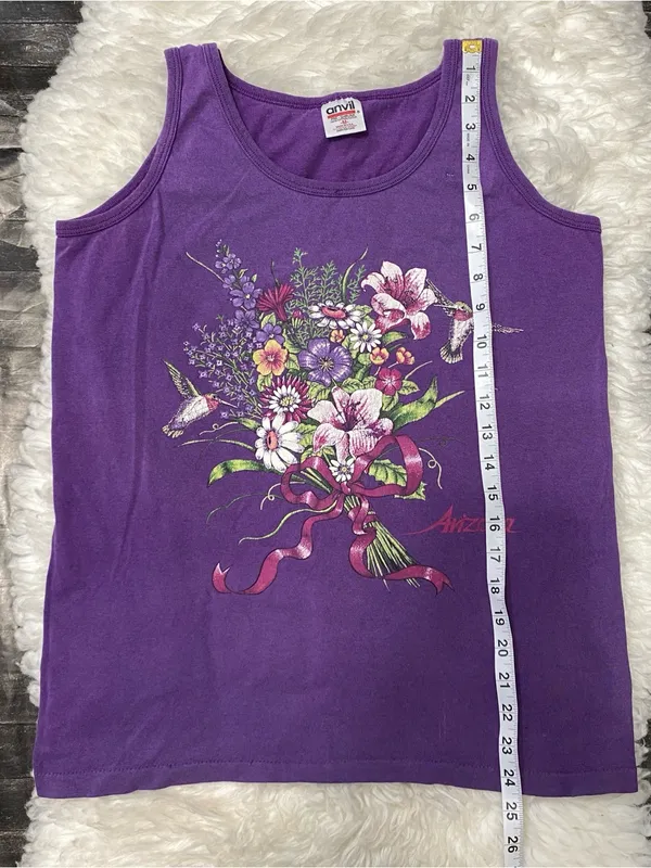 Purple Floral Hummingbird Graphic Sleeveless Tank Boho Grannycore Garden Cottage - Image 5