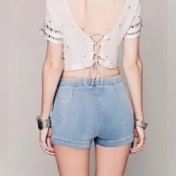 Free People High-Rise Side Zipper Sailor Pin-Up Girl Denim Jean Shorts Size 28‎ - Image 3