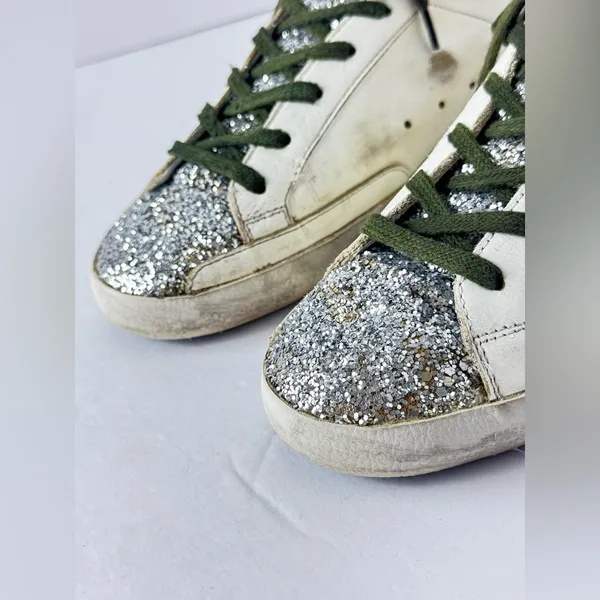 Golden Goose White Sneakers with Silver Glitter and Leopard Star Size 39 - Image 4