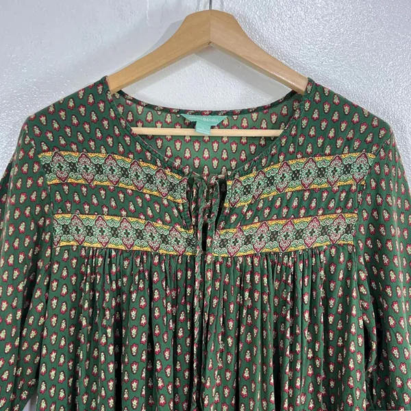April Cornell Candlelight Smock Dress Large L Olive Green Block Print Boho Midi - Image 7