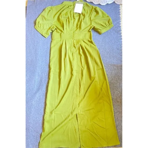 Mock Neck Midi Dress Womens Olive Green New Pleated Puff‎ Sleeve Slit - Image 5