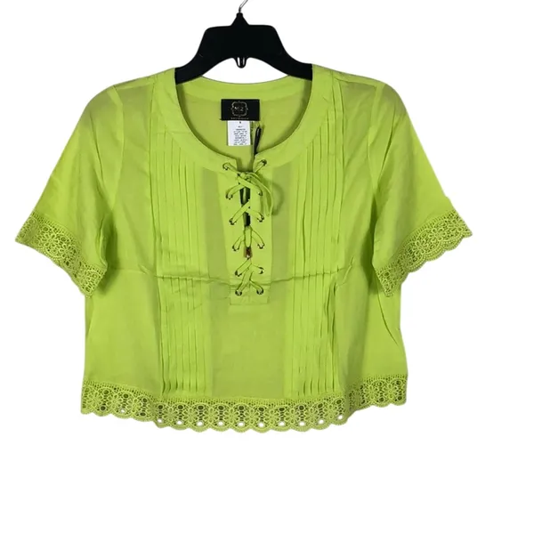 Neon Green Yellow Lace Up Cropped Top Lace Trim Pleated Blouse Size Small - Image 3
