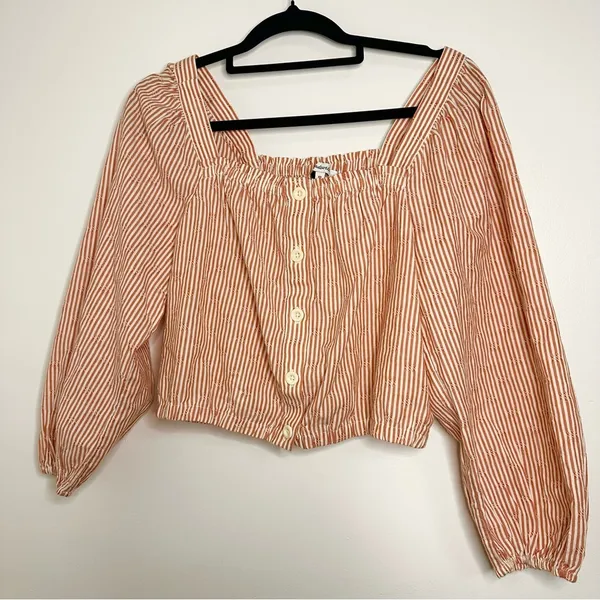 Madewell Puff-Sleeve Button-Front Crop Top in Embroidered Stripe XS - Image 4