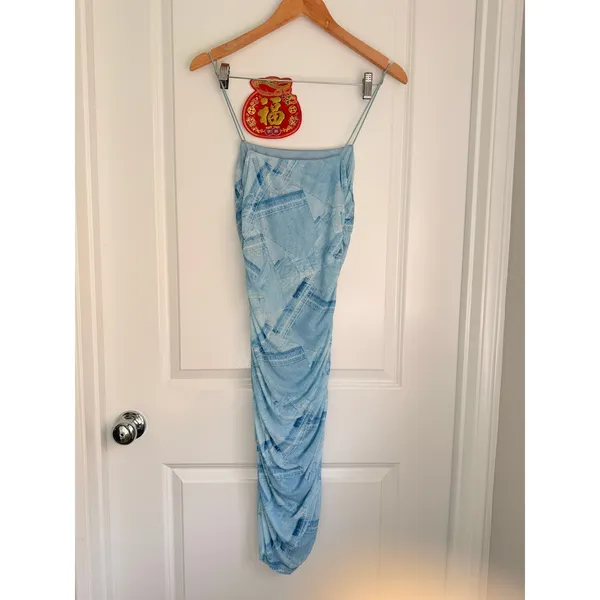 Good American Midi Blue Dress Ruched Mesh Tank Cocktail Size 1 US‎ Small - Image 6
