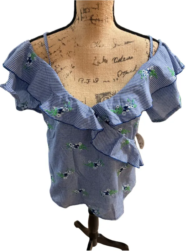Gypsies & Moondust Ruffled Gingham Off-The-Shoulder Blouse Size L (19” PTP) NWT - Image 3