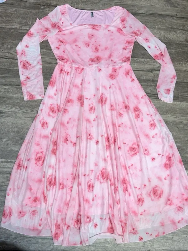 Blush Pink Floral Long-Sleeve Midi Dress with Square Neck Size L - Image 2
