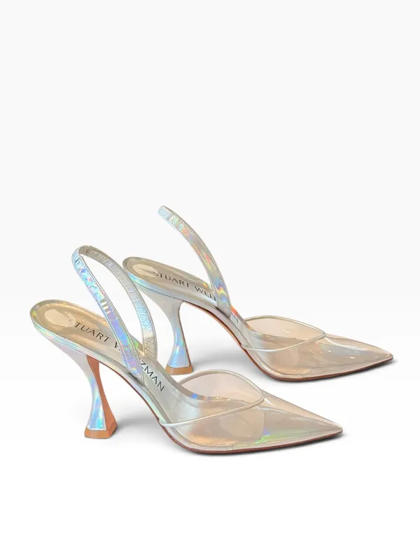 STUART WEITZMAN Xcurve Slingback Iridescent Silver & Clear Pointed Toe Pumps 9 - Image 6